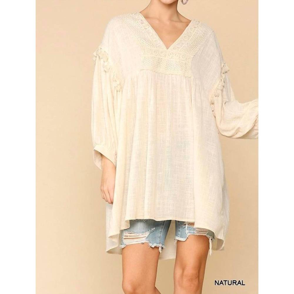 NEW GIGIO crochet v-neck swing hi-lo hem top in natural